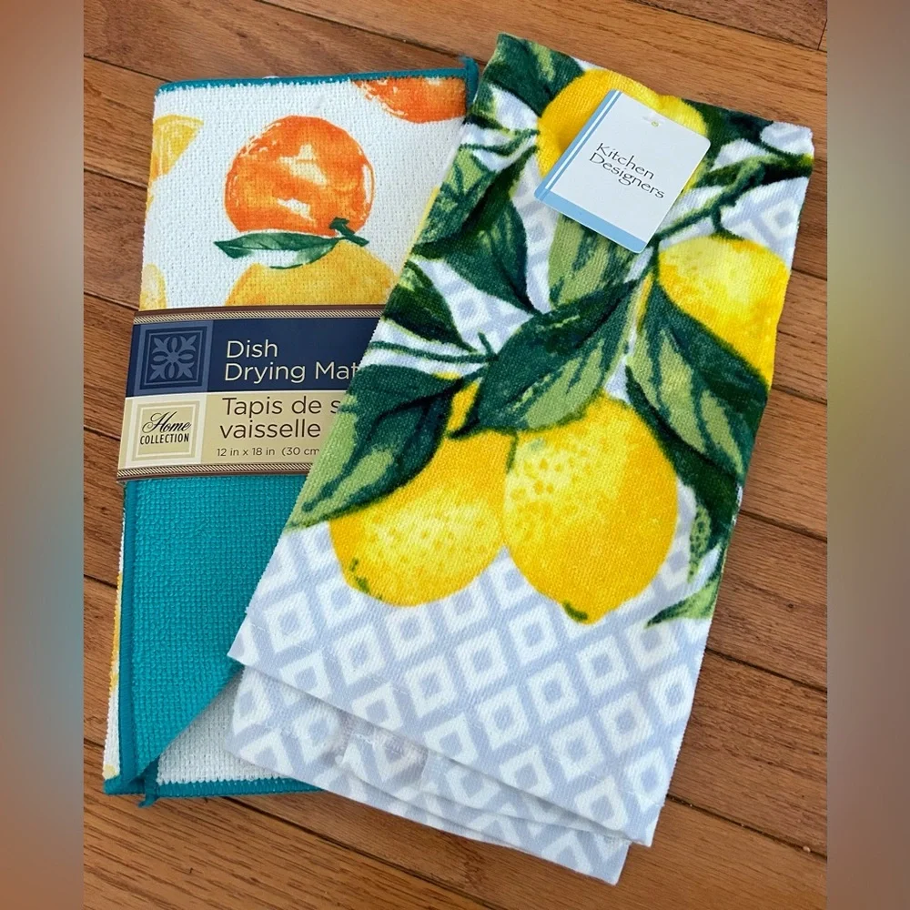 Kitchen towel and Dish drying mat Bundle Lemon theme NWT